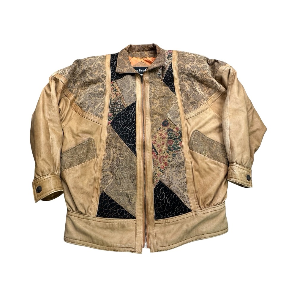 Rafael Patchwork Jacket Womens S Tan Leather Paisley Tapestry Western Boho